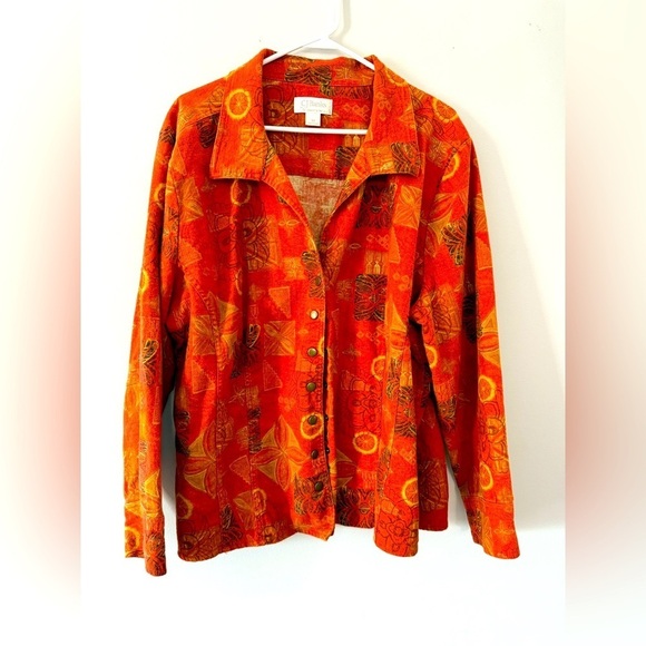 VTG Flannel Button Down Bomber Long Sleeve Top Orange Multi Color Hippie Boho 3X - Picture 1 of 10